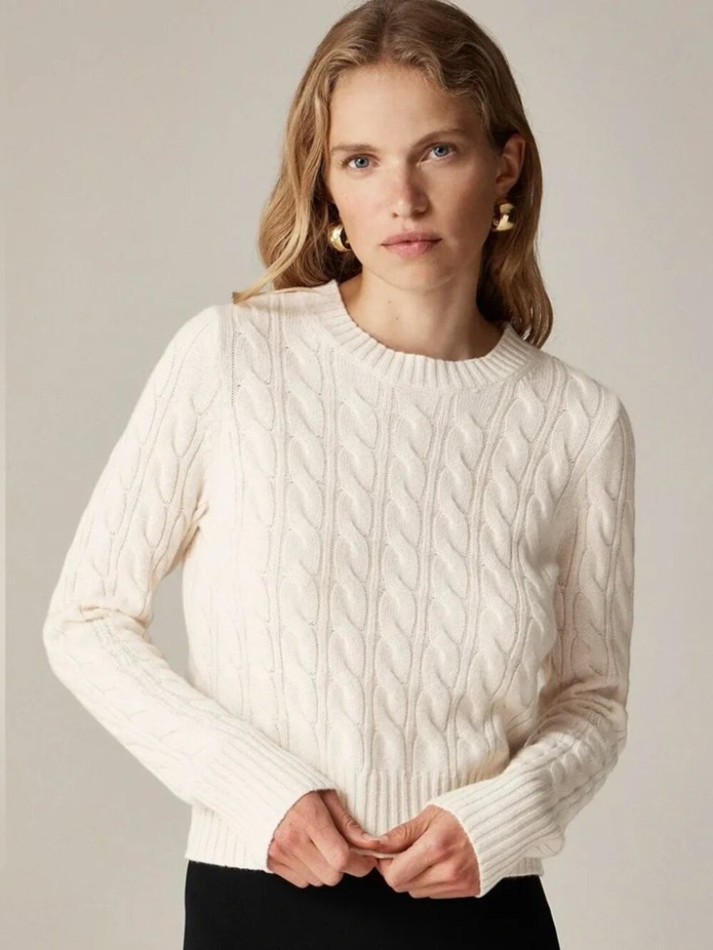 J. Crew Cashmere Shrunken Cable Knit Sweater in Heather Muslin Size Small